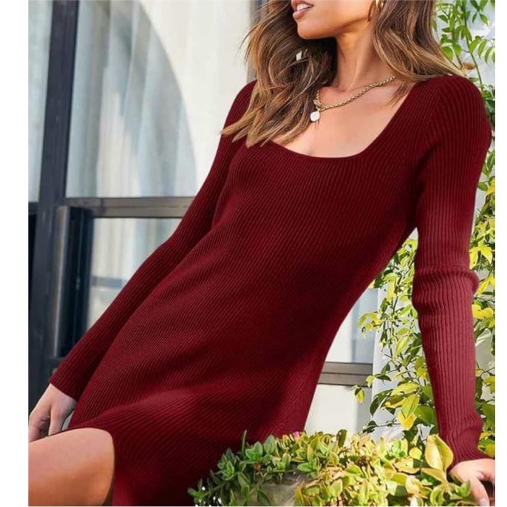 Anrabess NWT M BURGUNDY Ribbed slit front bodycon Long Sleeve sweater Midi dress